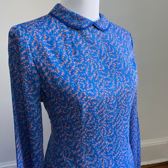 Vintage 70s Handmade Blue Floral Peter Pan Collar Prairie Cottagecore Dress 10 - Picture 6 of 10